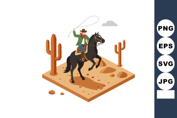 Cowboy Riding Black Horse in Desert Land