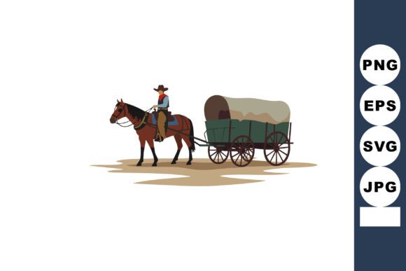 Cowboy Riding Horse Pulling Covered Wago