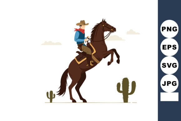 Cowboy Riding Rearing Brown Horse in Wes