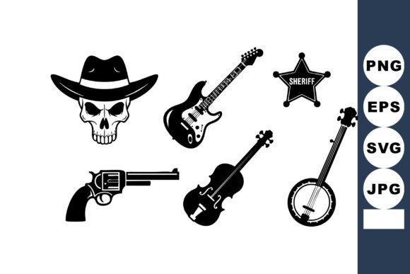 Cowboy Skull with Hat, Sheriff Badge, Guitar