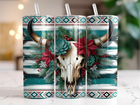 Western Christmas Bull Skull Tumbler PNG Review for Embroidery Projects